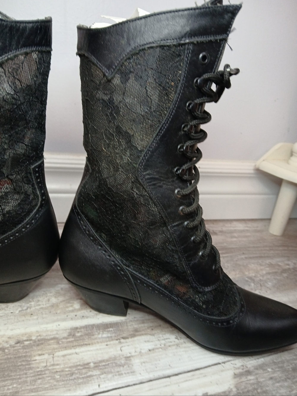 Whimsigoth Victorian Sheer Lace & Faux Leather Ankle Boots - Size 6 - Picture 2 of 11